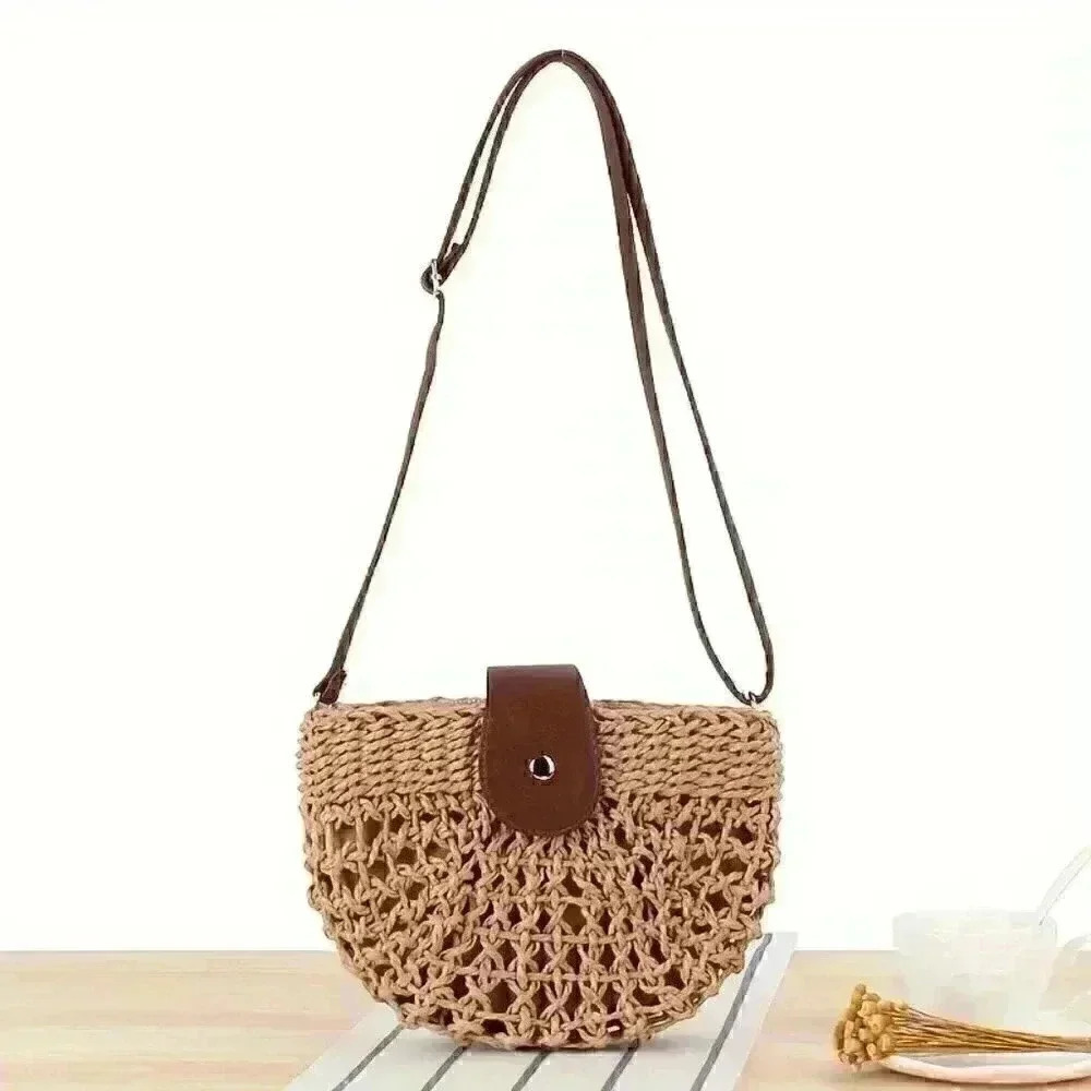 Woven Crossbody Bag, Boho Style Mini Saddle Bag, Retro Buckle